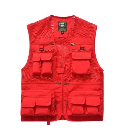 Summer Men's Outdoor Fishing Mesh Vest Jackets Travel Photography Waistcoats Man Jungle Tactical Quick Dry Multi Pockets Jacket (Option: Red-M)