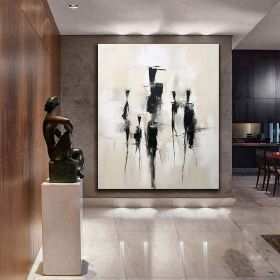 Handmade Oil Painting Original Beige Wall Art Black Oil Painting Contemporary Minimalist Art Minimalist Figure Painting Portrait Painting Custom Gift (size: 50x70cm)