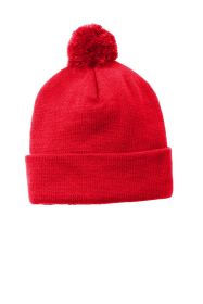 Sport-Tek Solid Pom Pom Beanie STC37 (Color: True Red)