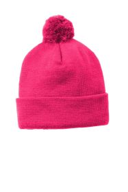 Sport-Tek Solid Pom Pom Beanie STC37 (Color: Pink Raspberry)